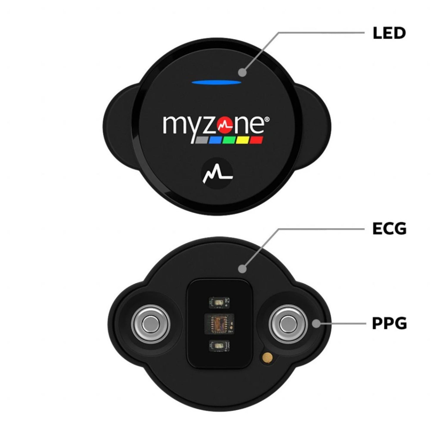 Detail snímača Myzone MZ-Switch s popisom technológie ECG a PPG